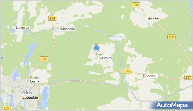 mapa Trześniów, Trześniów gmina Ośno Lubuskie na mapie Targeo